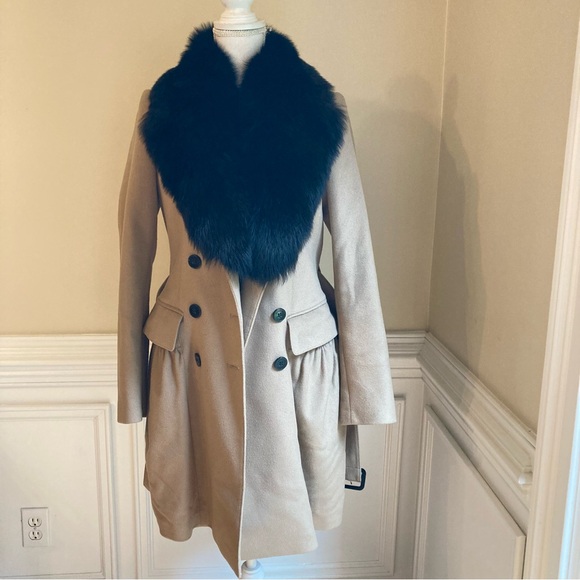 BURBERRY Camel Virgin Wool Cashmere Double Breasted Pea Coat Fox Fur Collar - Picture 7 of 11